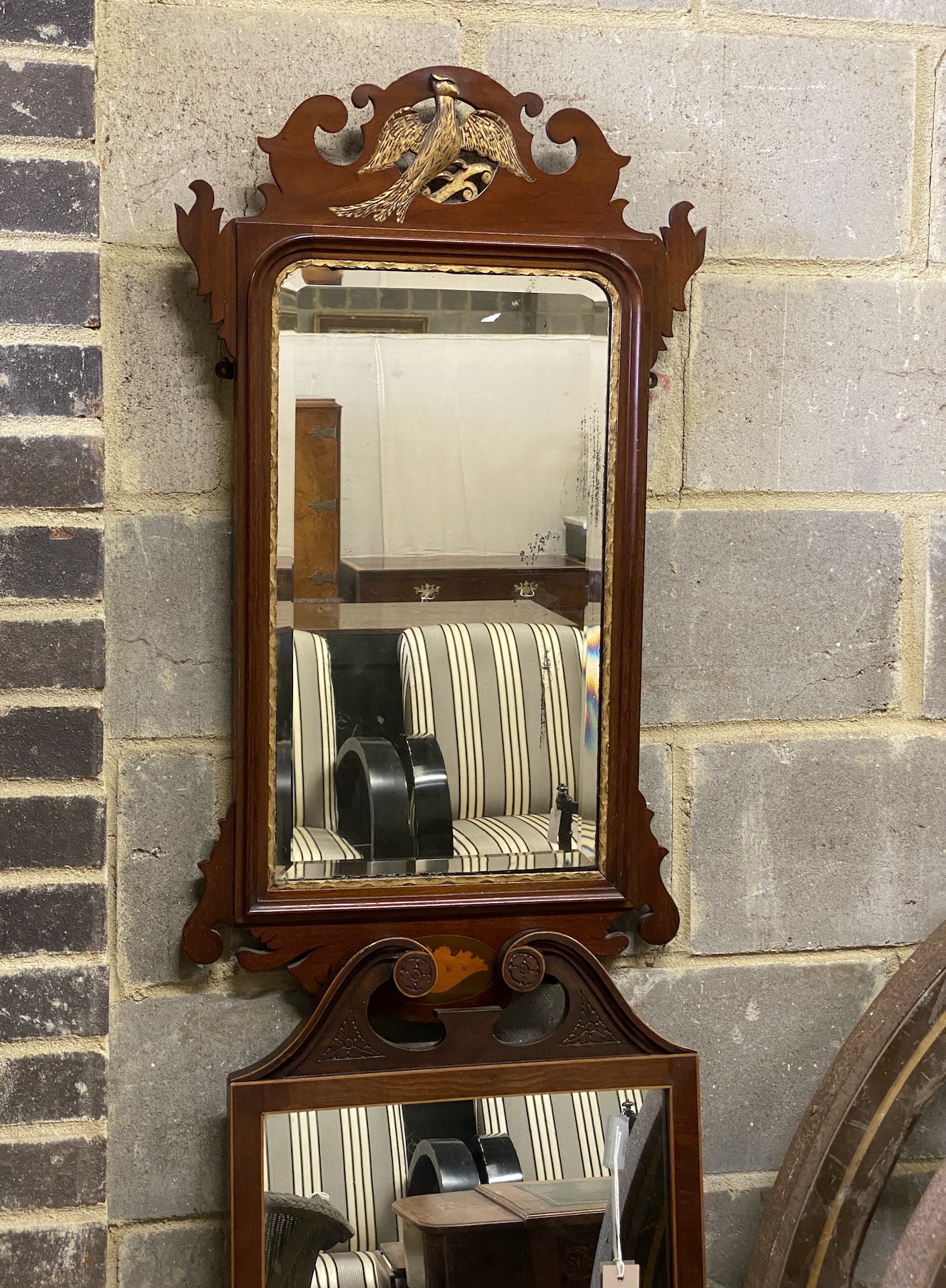 A George III style parcel gilt inlaid mahogany fret cut wall mirror, width 50cm, height 90cm together with a larger robing mirror